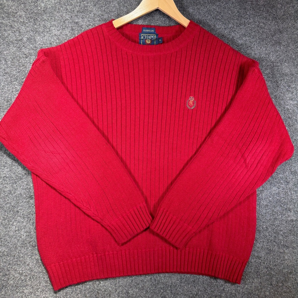 Chaps Ralph Lauren Ribbed Knit Sweater Mens XL Red Crest Hand Framed Vintage 90s
